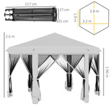 Outsunny 3.2m Pop Up Gazebo Hexagonal Canopy Tent Outdoor Sun Protection with Mesh Sidewalls, Handy Bag, Light Grey