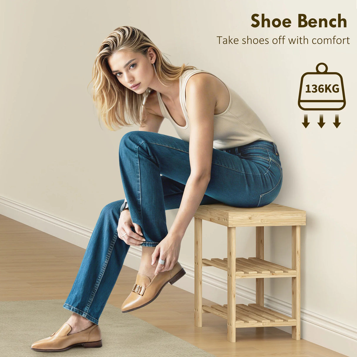 HOMCOM Two Shelf Bamboo Shoe Storage Bench - Natural Finish
