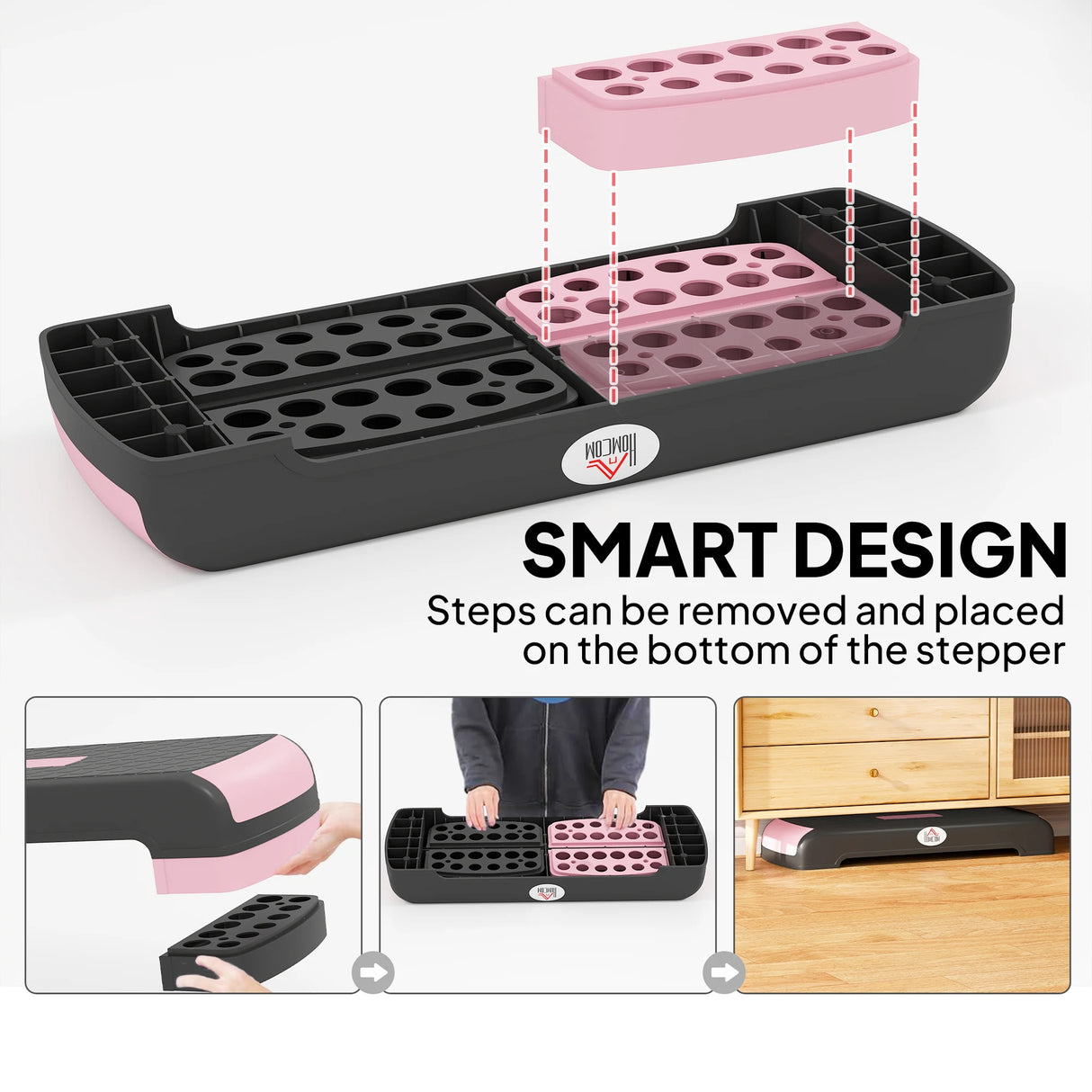 HOMCOM Aerobic Step with 3-Level Adjustable Heights for Home, Office Exercise, Black and Pink