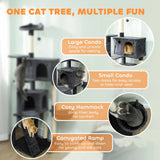 PawHut 180cm Large Cat Tree Tower with Sisal Scratching Posts, Condos, Plush Perches, Hammock, Ladder, Dark Grey