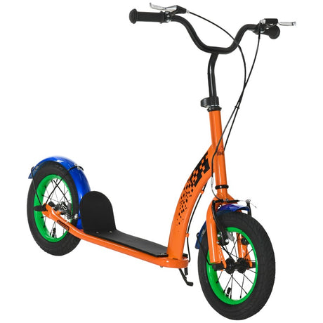 HOMCOM Kids Kick Scooter, Push Scooter, Adjustable Height, Front Rear Dual Brakes, 12-Inch Inflatable Rubber Wheels, for 5+ Years, Orange