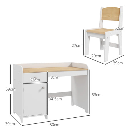 ZONEKIZ Kids Desk and Chair Set for 3-6 Years with Storage Drawer, Study Table and Chair for Children - White