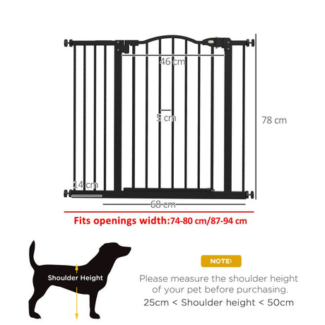 PawHut Metal 74-94cm Adjustable Pet Gate Safety Barrier w/ Auto-Close Door Black