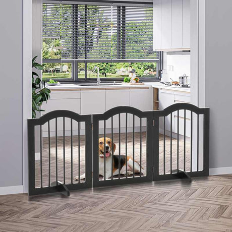 PawHut Freestanding Pet Gate Wooden Dog Gate with Support Feet Foldable Pet Fence Safety Barrier for the House Doorway Stairs Black