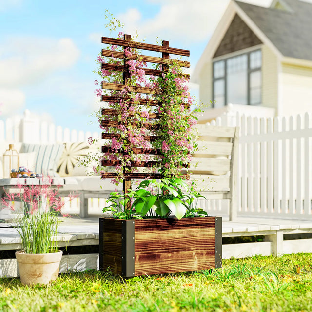 Outsunny Raised Garden Bed with Trellis, Outdoor Wooden Planter Box with Metal Corners and Wheels, Raised Bed for Garden