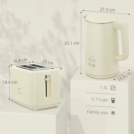 HOMCOM Digital Stainless Steel Kettle and Toaster Set, 1.5L 3000W Fast Boil Kettle, 2 Slice Toaster with 7 Level Browning Controls, Defrost, Reheat, Keep Warm, Crumb Tray and LED Touch Display, Beige