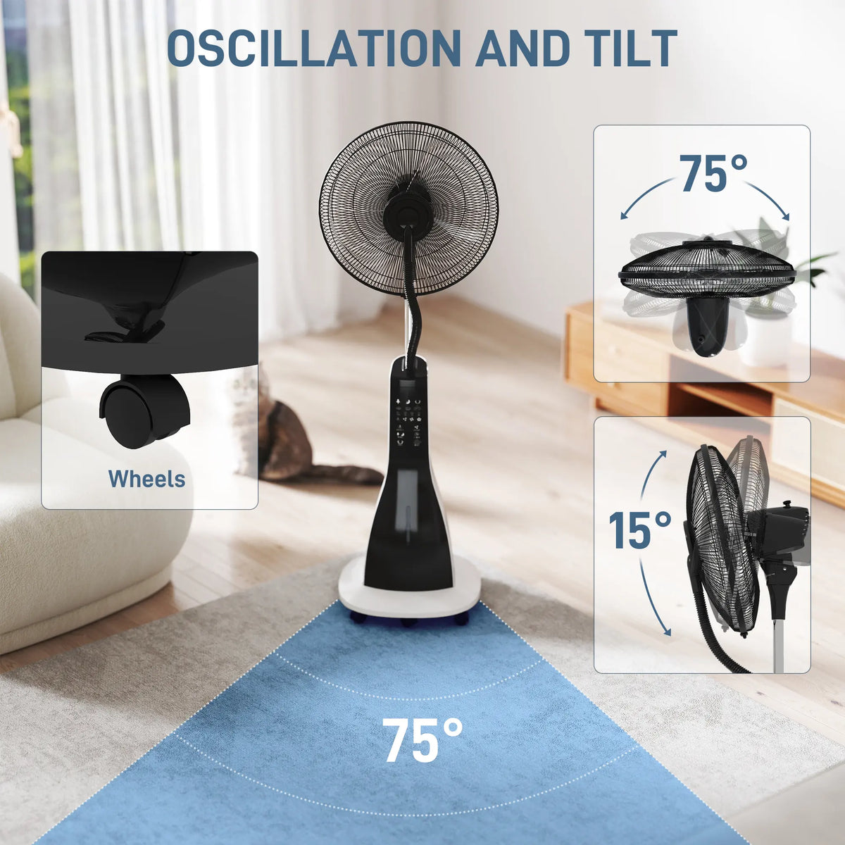 HOMCOM Pedestal Fan with Water Mist Spray, Spray Misting Fan with 75 Oscillation, Remote Control, Tilt Head, 3 Speeds, 3 Modes, 3 Mist, 3L Water Tank, Wheels, for Home, 125 cm