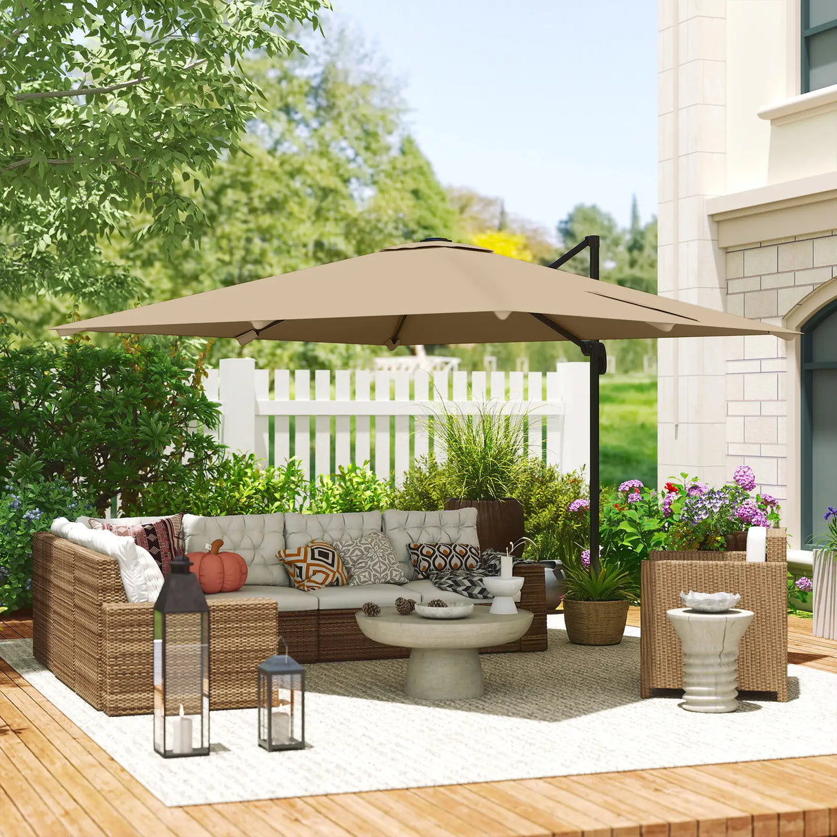 Outsunny 3 x 3 m Cantilever Parasol, Square Patio Umbrella with Crank Handle, Cross Base, Tilt, 360 Rotation, Khaki