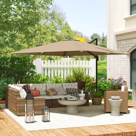 Outsunny 3 x 3 m Cantilever Parasol, Square Patio Umbrella with Crank Handle, Cross Base, Tilt, 360 Rotation, Khaki