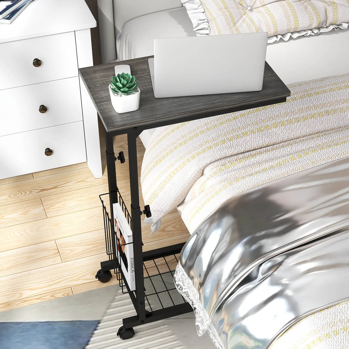 C-shape Adjustable End Table with Storage Basket-Grey