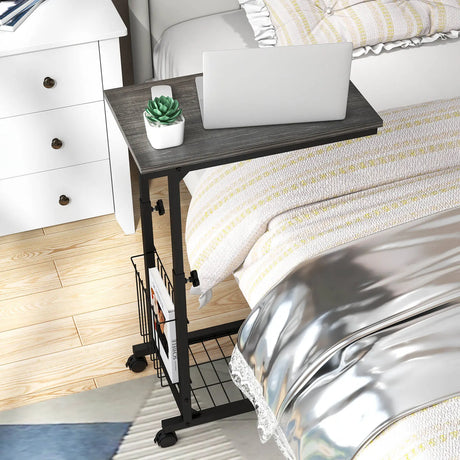 C-shape Adjustable End Table with Storage Basket-Grey