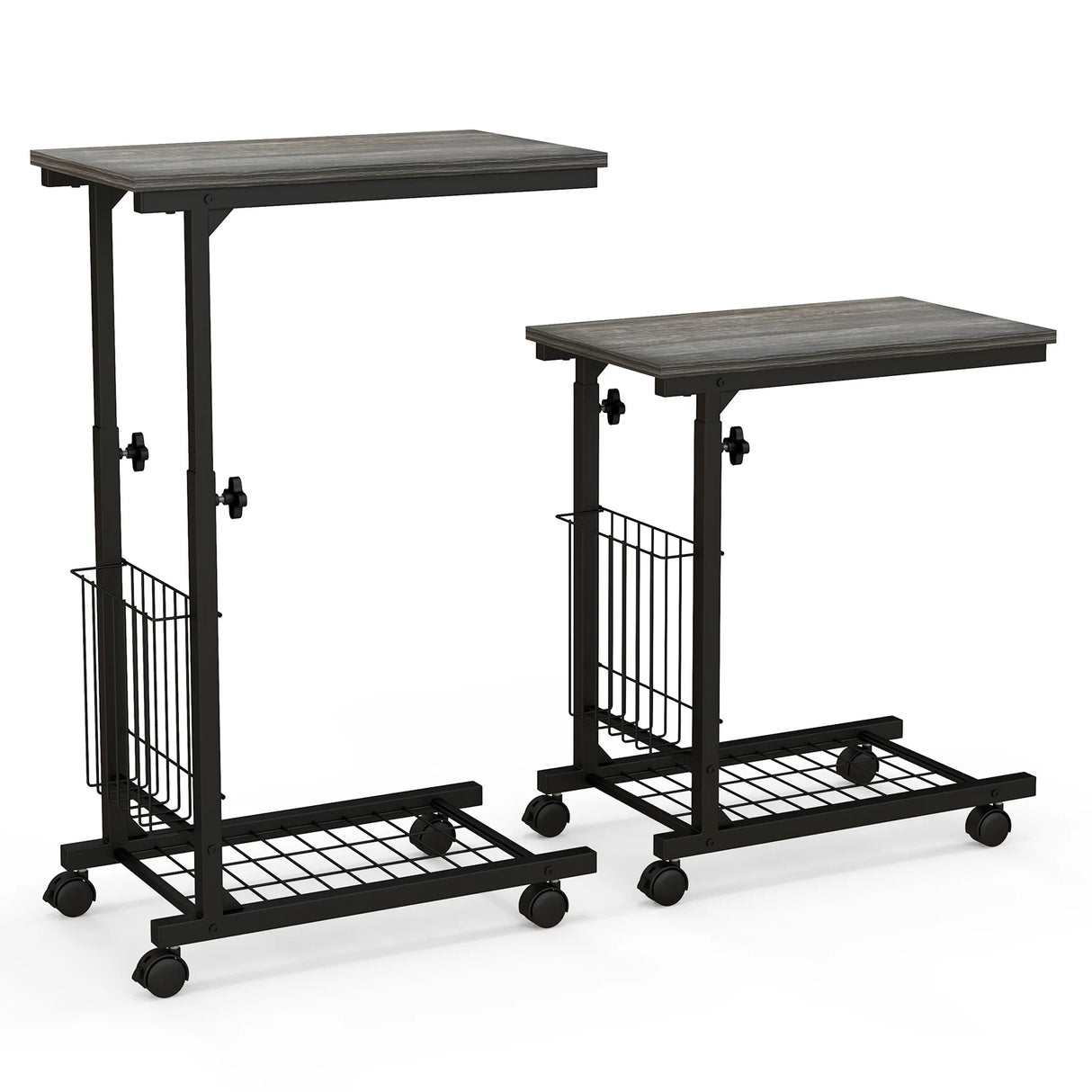 C-shape Adjustable End Table with Storage Basket-Grey