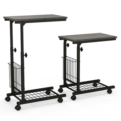 C-shape Adjustable End Table with Storage Basket-Grey