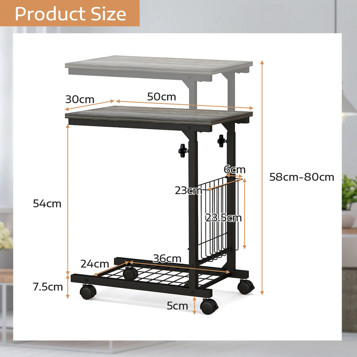 C-shape Adjustable End Table with Storage Basket-Grey