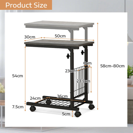 C-shape Adjustable End Table with Storage Basket-Grey