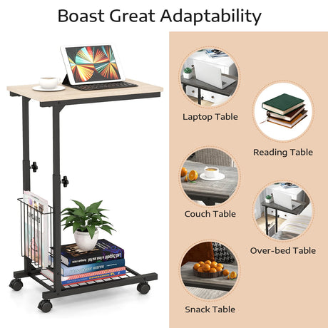 C-shape Adjustable End Table with Storage Basket-Natural