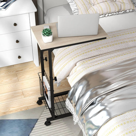 C-shape Adjustable End Table with Storage Basket-Natural