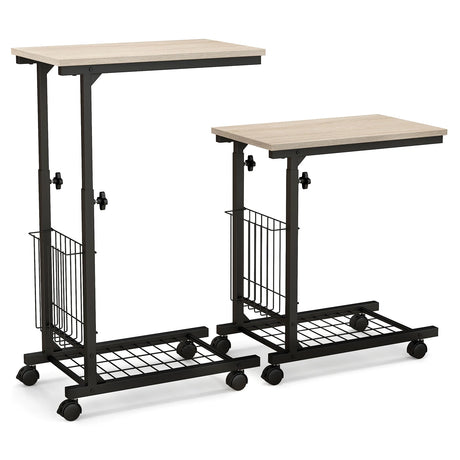 C-shape Adjustable End Table with Storage Basket-Natural