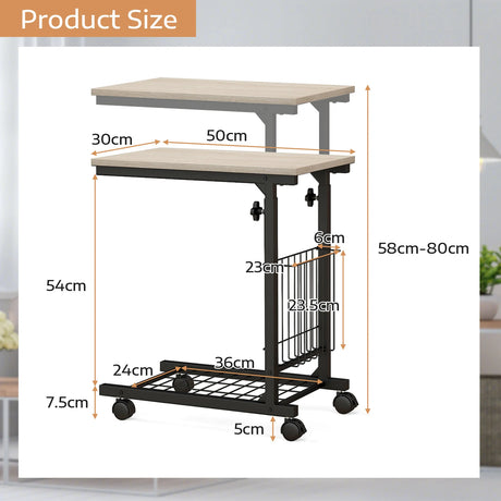 C-shape Adjustable End Table with Storage Basket-Natural