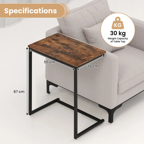 C-shaped End Table with Heavy-duty Metal Frame for Coffee Snacks Laptop-Rustic Brown