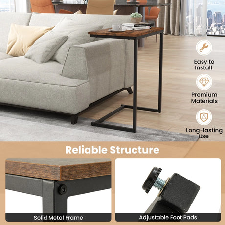 C-shaped End Table with Heavy-duty Metal Frame for Coffee Snacks Laptop-Rustic Brown