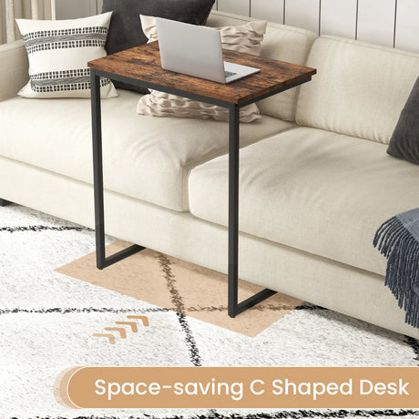 C-shaped End Table with Heavy-duty Metal Frame for Coffee Snacks Laptop-Rustic Brown