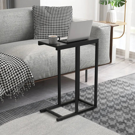 &#39;C&#39; Shaped Side Table for Sofa and Bed Sofa Side Table 64cm Metal Frame TV Tray Table Rustic Oak Black