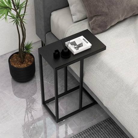 &#39;C&#39; Shaped Side Table for Sofa and Bed Sofa Side Table 64cm Metal Frame TV Tray Table Rustic Oak Black