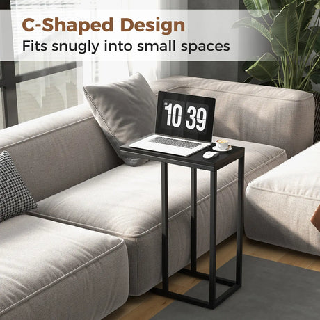 &#39;C&#39; Shaped Side Table for Sofa and Bed Sofa Side Table 64cm Metal Frame TV Tray Table Rustic Oak Black