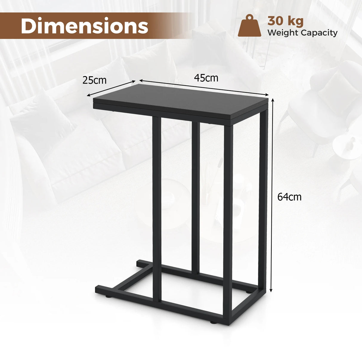 &#39;C&#39; Shaped Side Table for Sofa and Bed Sofa Side Table 64cm Metal Frame TV Tray Table Rustic Oak Black
