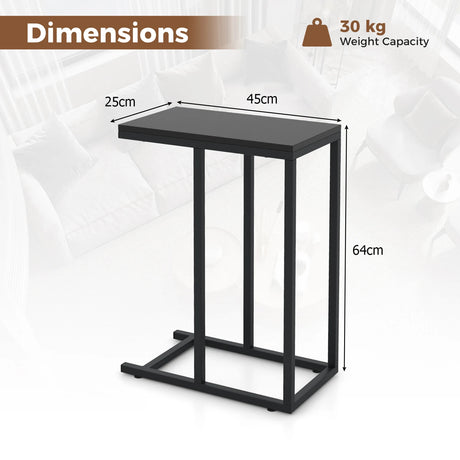 &#39;C&#39; Shaped Side Table for Sofa and Bed Sofa Side Table 64cm Metal Frame TV Tray Table Rustic Oak Black