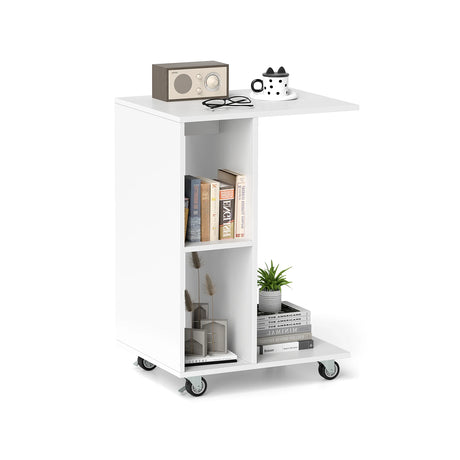 C Shaped Side Table Narrow Table with Storage Shelves Universal Locking Casters Mobile Table White