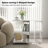 C Shaped Side Table Narrow Table with Storage Shelves Universal Locking Casters Mobile Table White