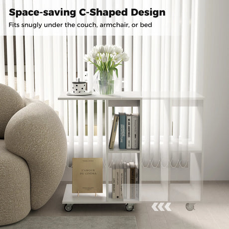 C Shaped Side Table Narrow Table with Storage Shelves Universal Locking Casters Mobile Table White