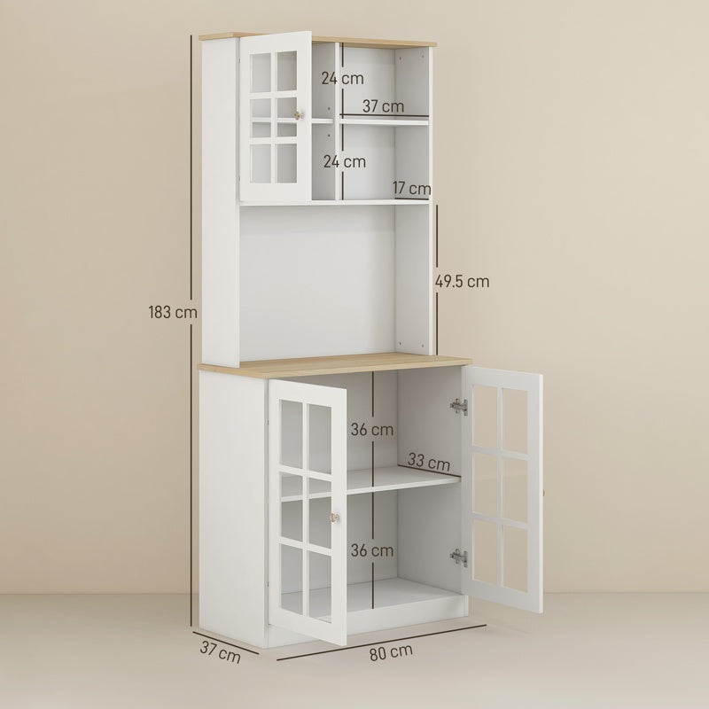 HOMCOM Freestanding Kitchen Cupboard, Storage Cabinet with Doors and Adjustable Shelves, Counter Top, Grid Glass Doors, 80L x 37W x 183H cm - White