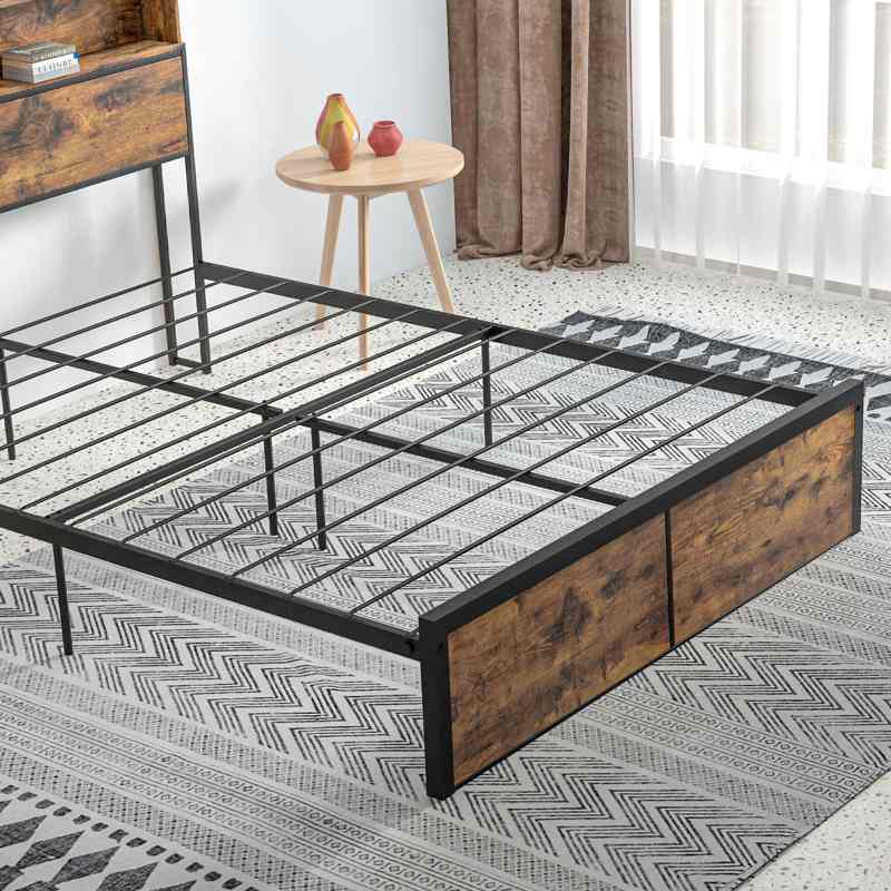 HOMCOM Industrial Double Bed Frame, 4.8FT Steel Bed Base with Storage Headboard, Footboard, Slatted Support and Under Bed Storage, 145 x 209cm, Rustic Brown