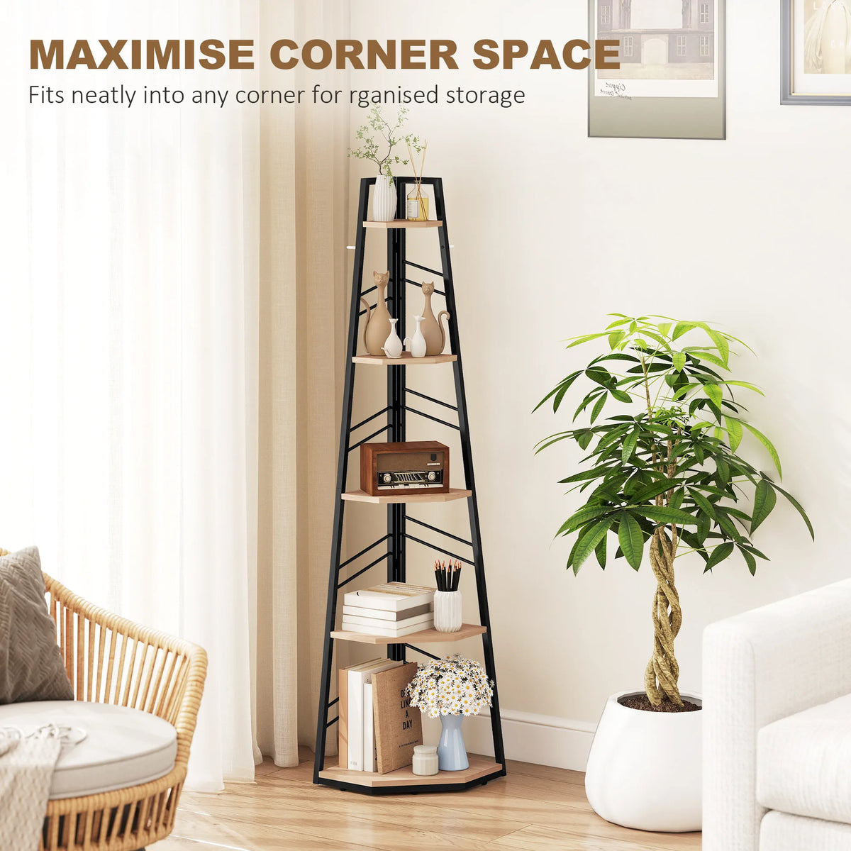 HOMCOM Corner Bookcase, 5-Tier Floor Standing Bookshelf, Shelving Unit for Living Room, Study, Bedroom, Natural Wood Finish