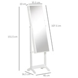 HOMCOM Full Length Mirror with Storage, Jewellery Cabinet with Mirror, Adjustable Angle and Stand, Lockable Jewellery Organiser for Bedroom Dressing Room, White