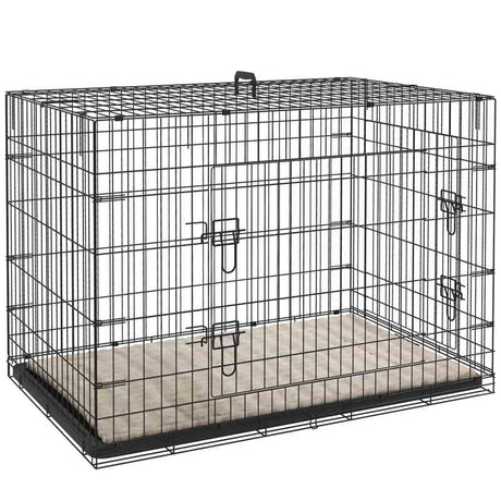 PawHut Dog Crate with 2 Doors with Tray, Soft Cushion, Foldable Metal Dog Cage for Extra and Large Dogs, 105 x 70 x 75, Black