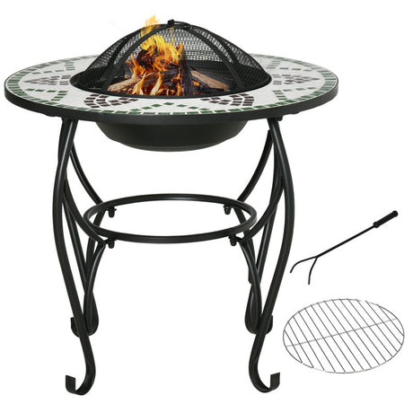 Outsunny 3-in-1 Φ68cm Outdoor Fire Pit, Garden Table with Cooking BBQ Grill, Mosaic Firepit Bowl with Spark Screen Cover, Fire Poker for Backyard Bonfire Patio