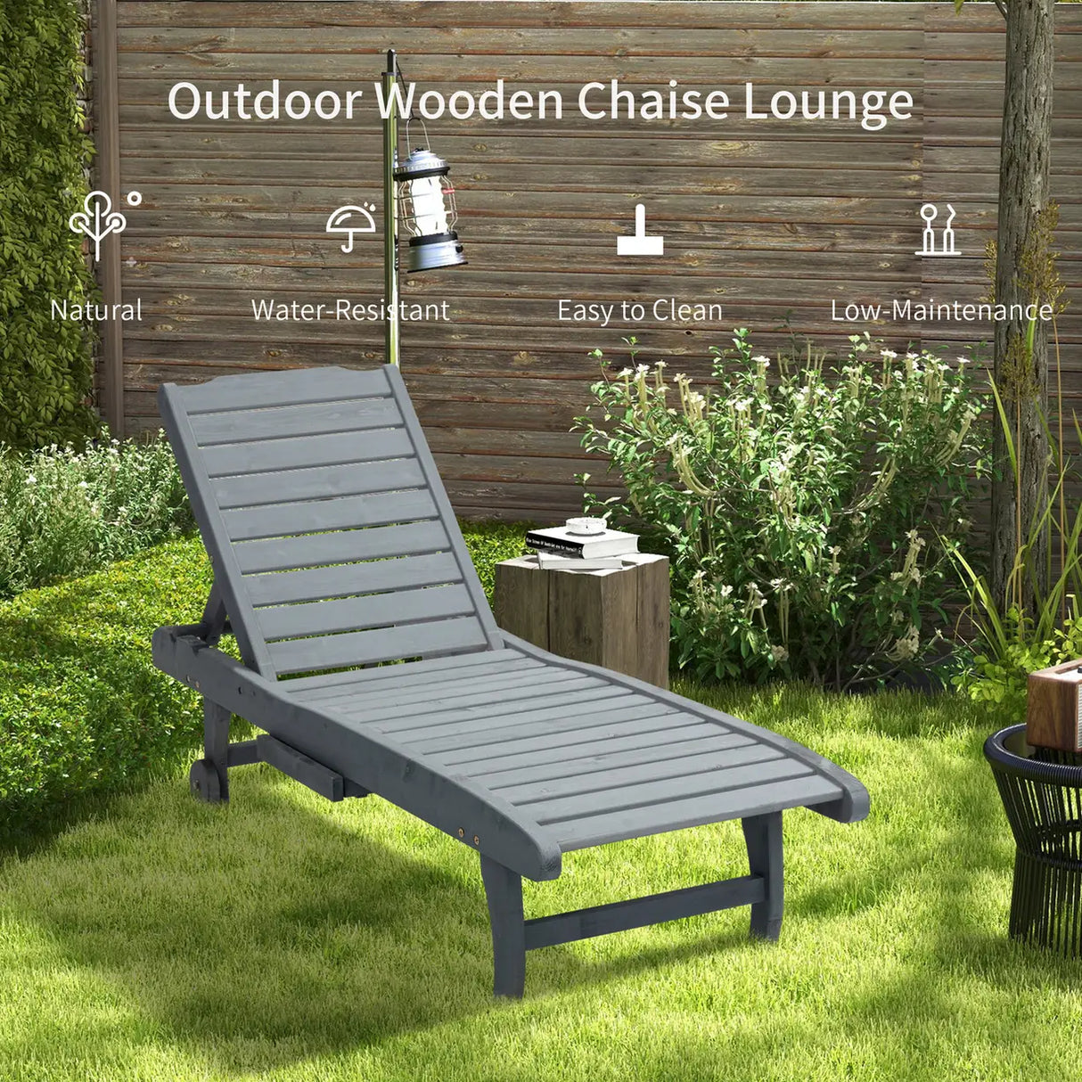 Outsunny Garden Patio Sun Lounger, Outdoor Wooden Sun Bed with Built-In Table, Reclining Backrest and Rolling Wheels for Sunbathing, Grey
