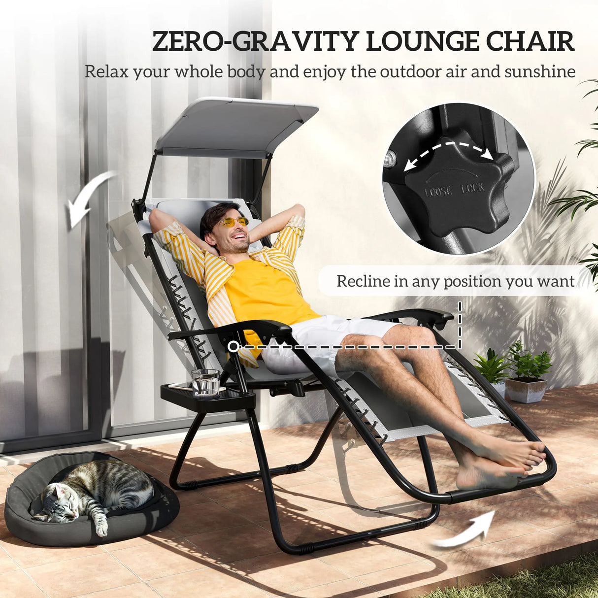 Outsunny Zero Gravity Lounger Chair Set of 2, Folding Reclining Patio Chair with Shade Cover, Padded Seat, Cup Holder, Soft Cushion and Headrest for Poolside, Camping, Light Grey