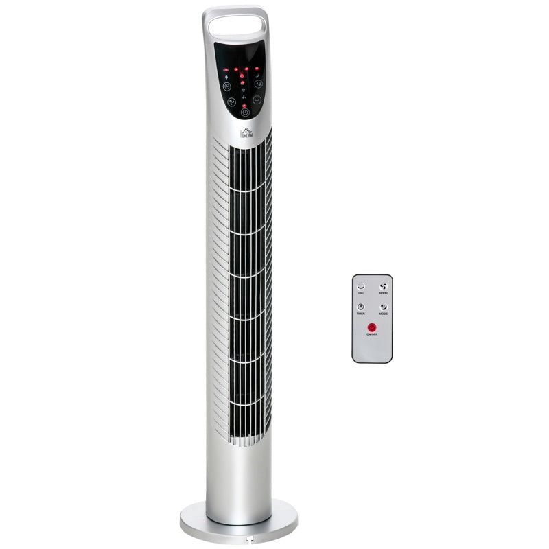 HOMCOM 31" Oscillating Tower Fan with Remote Control, 7.5H Timer, 3 Speed 3 Modes, Electric Floor Standing Cooling Fan for Home Bedroom Office, Silver