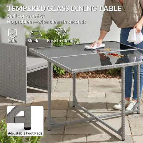 Outsunny 9 Piece Rattan Cube Garden Furniture Dining Set with Armchairs, Footstools and Glass-Top Table, Light Grey