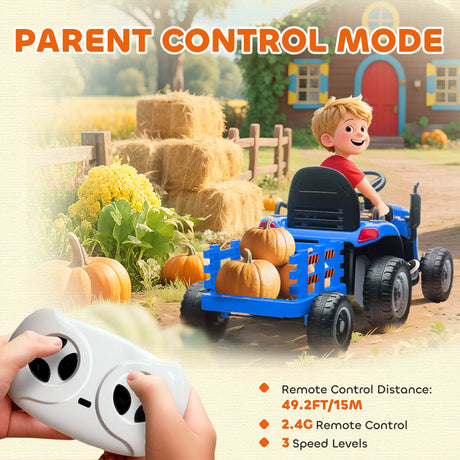 AIYAPLAY 12V Ride on Tractor and Trailer with Remote Control, Music, Shifter, Start-Up Sound, for Kids Ages 3-8 Years, Blue