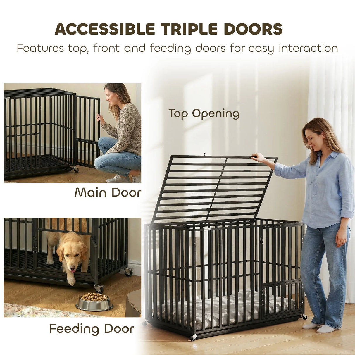 PawHut Heavy Duty Dog Crate, Dog Cage with Wheels for Medium Large Breeds, Metal Pet Kennel with Removable Tray