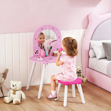 AIYAPLAY Kids Dressing Table with Mirror and Stool, Girls Vanity Set for Kids Room, Bedroom, Nursery, for Ages 36 Years, Pink