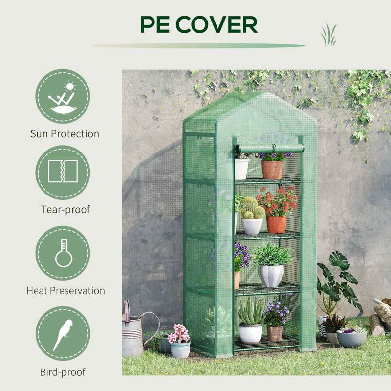 Outsunny 4 Tier Mini Greenhouse, Portable Compact Green House with Steel Frame, PE Cover, Roll-up Door, 70 x 50 x 160 cm, Green