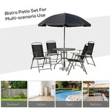 Outsunny 6 Piece Garden Dining Set with Umbrella, Patio Sets with Parasol with 4 Folding Dining Chairs & Round Tempered Glass Table, Black