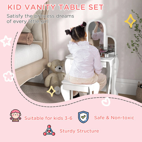 HOMCOM Kids Dressing Table Set, with Mirror and Drawer - White